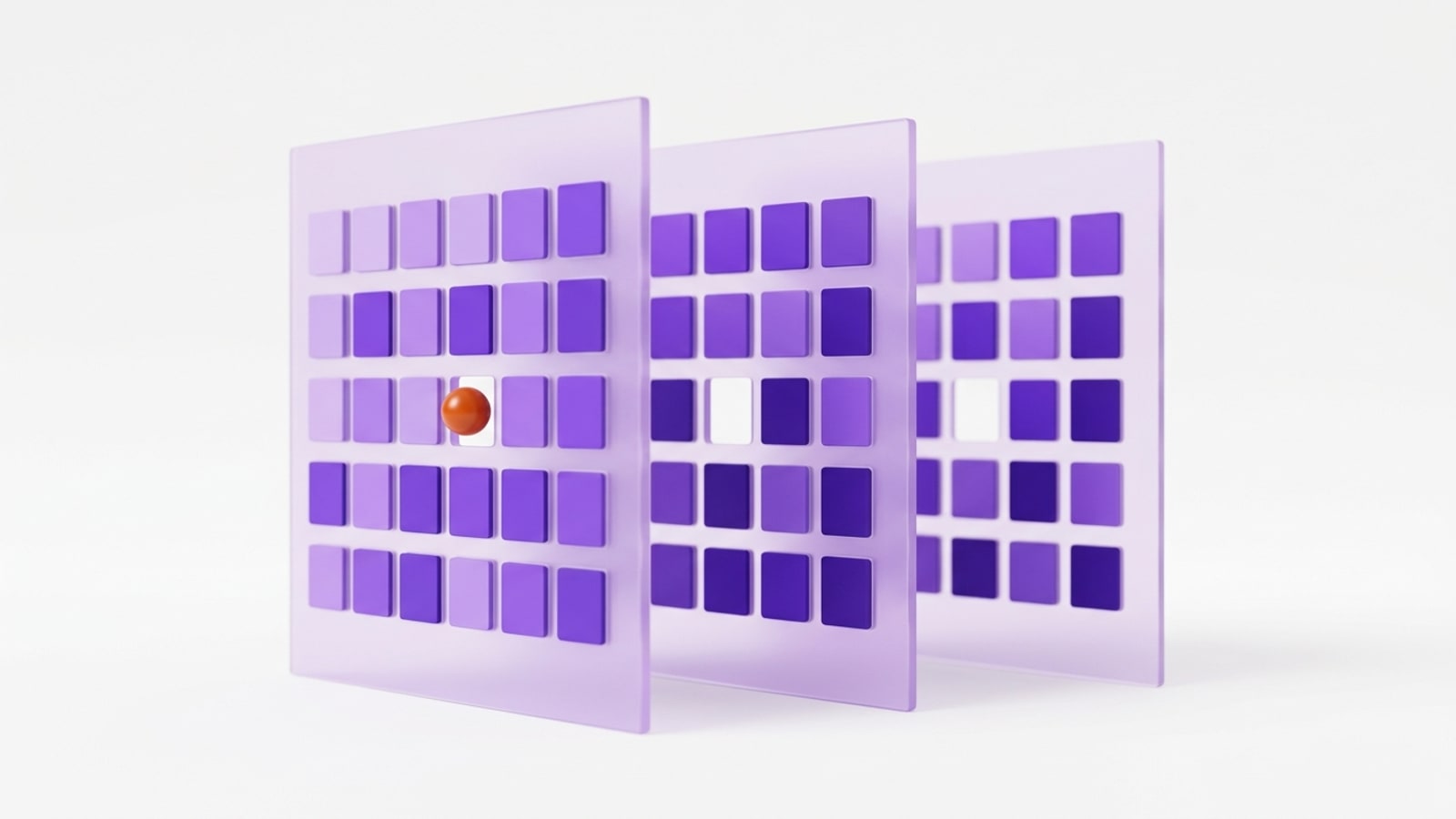 Render 3D minimalista: três painéis de acrílico lilás fosco, em pé e enfileirados, cada um com uma grade de janelas quadradas fechadas por peças violeta de tons variados. Uma única janela, na mesma posição nos três painéis, está aberta, e uma pequena esfera laranja brilhante aparece nessa abertura do painel da frente.