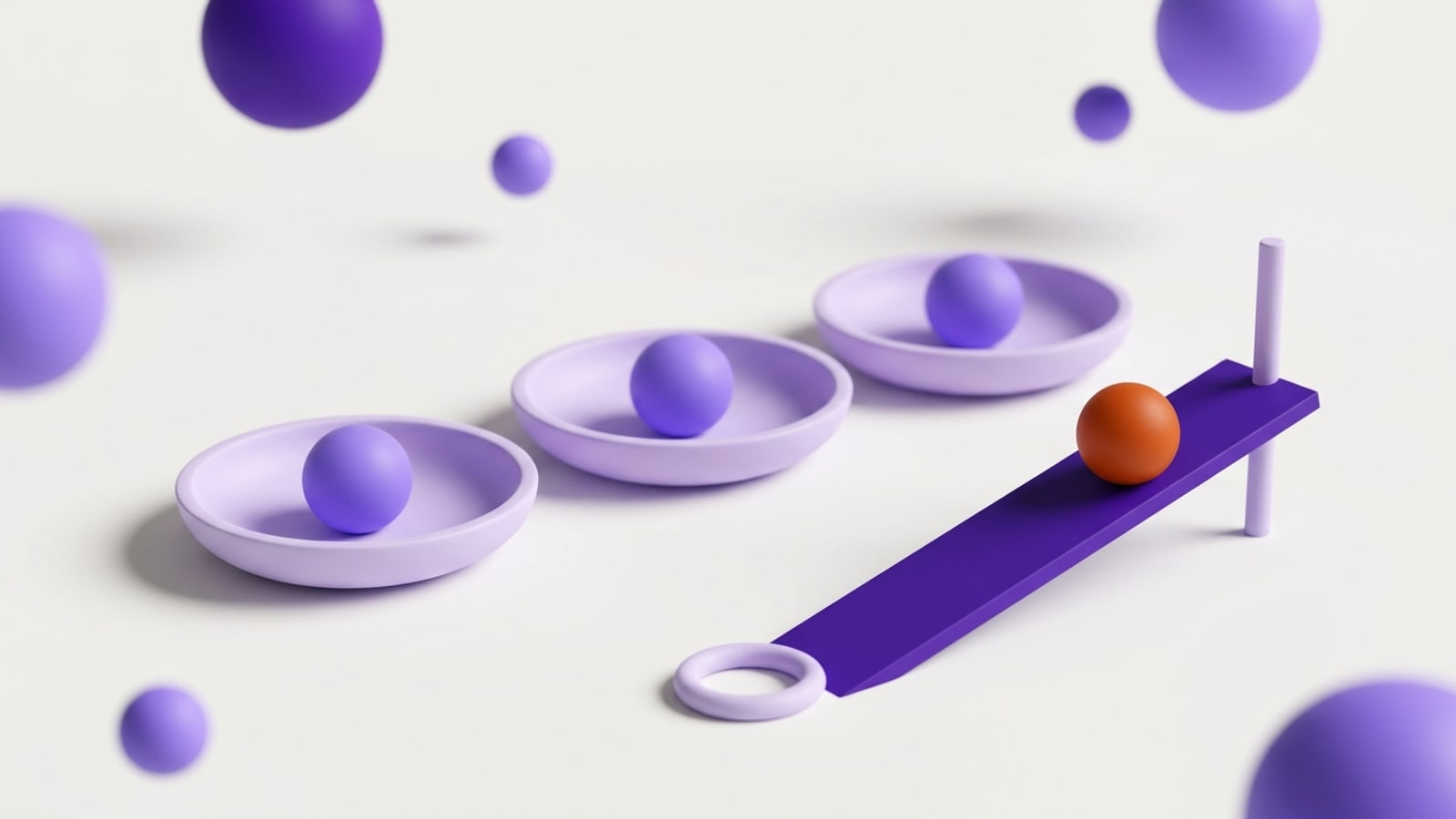 Ilustração 3D em fundo off-white, câmera em três quartos, ligeiramente acima da superfície: três tigelas rasas e arredondadas em lilás claro dispostas em arco, cada uma com uma esfera violeta parada no centro, presa pela curva da tigela. À direita e um pouco à frente, uma rampa reta em violeta profundo sobe da mesma superfície, com um anel lilás deitado no pé da rampa e um poste lilás fino em pé no topo; uma esfera laranja está parada sobre a rampa, a três quartos do caminho entre o anel e o poste. Esferas violeta desfocadas de tamanhos variados flutuam ao fundo e preenchem os cantos.