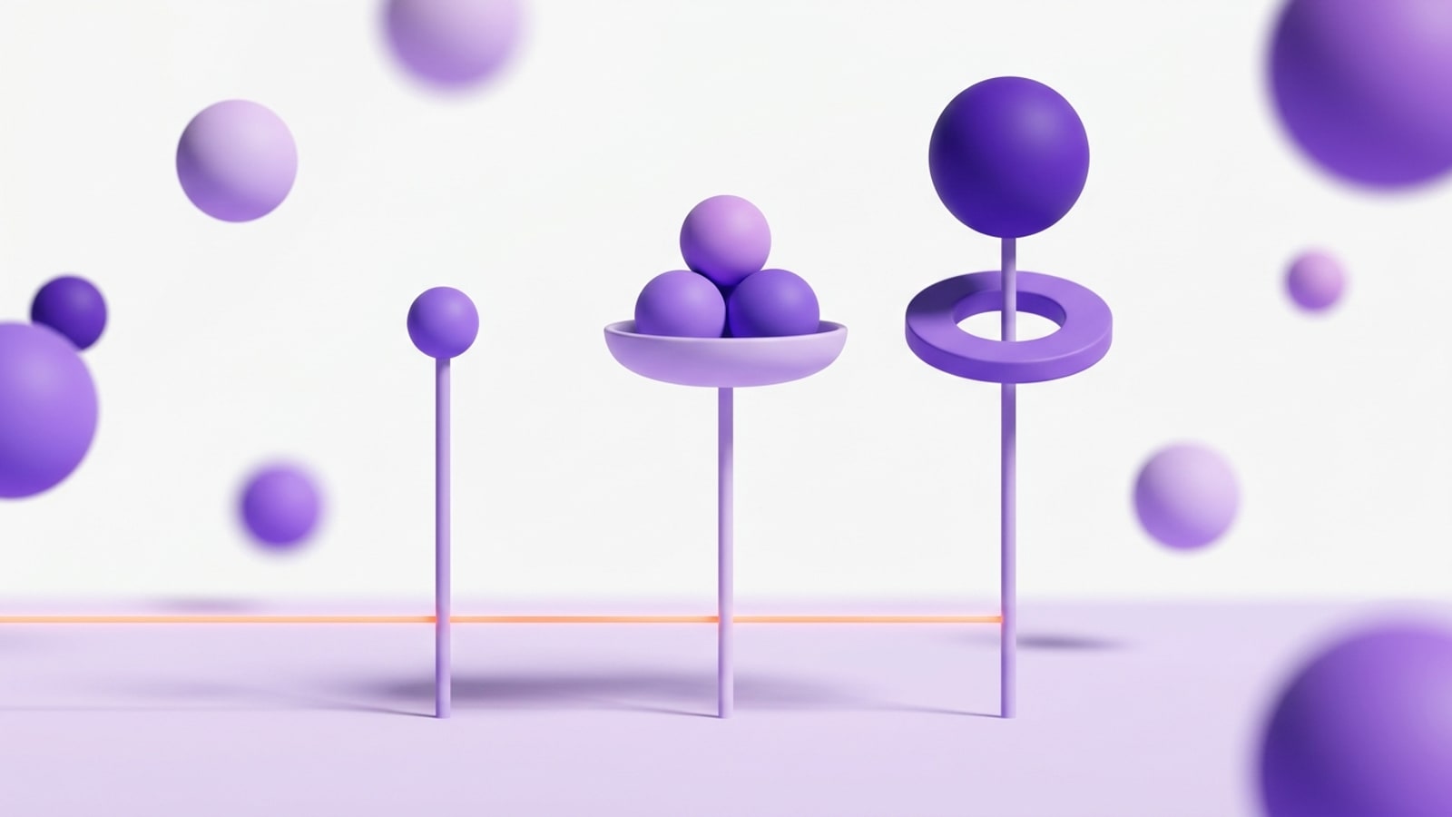 Ilustração 3D em fundo off-white: três hastes finas em pé sobre uma superfície lilás clara. A da esquerda é coroada por uma única esfera violeta pequena. A do centro termina numa tigela rasa e clara que segura três esferas violeta agrupadas. A da direita atravessa um anel largo violeta e é coroada por uma esfera violeta profunda maior que as outras. Uma linha fina de luz laranja corta a cena na altura do chão, atrás das três hastes. Esferas violeta desfocadas de tamanhos e tons variados preenchem os quatro cantos ao fundo.
