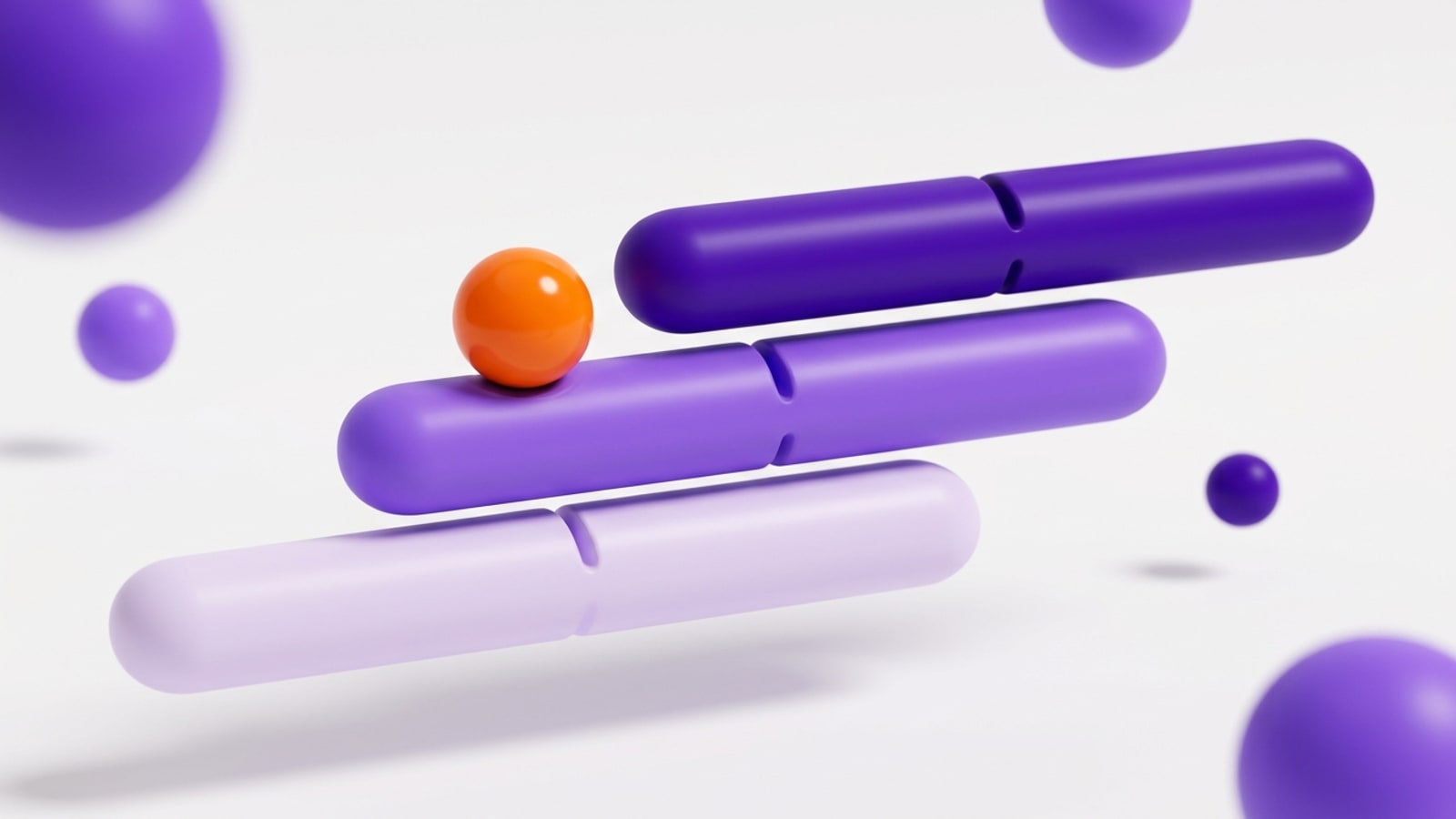 Ilustração 3D em fundo off-white: três barras horizontais arredondadas flutuam em degraus que sobem da esquerda para a direita — a mais baixa e próxima em lilás muito claro, a do meio em violeta médio e a mais alta e ao fundo em violeta profundo. Cada barra tem um pequeno entalhe marcado no seu ponto médio. Uma esfera laranja brilhante repousa sobre a barra do meio, à esquerda do entalhe dela. Esferas violeta desfocadas, de tamanhos diferentes, flutuam ao fundo e preenchem os cantos.