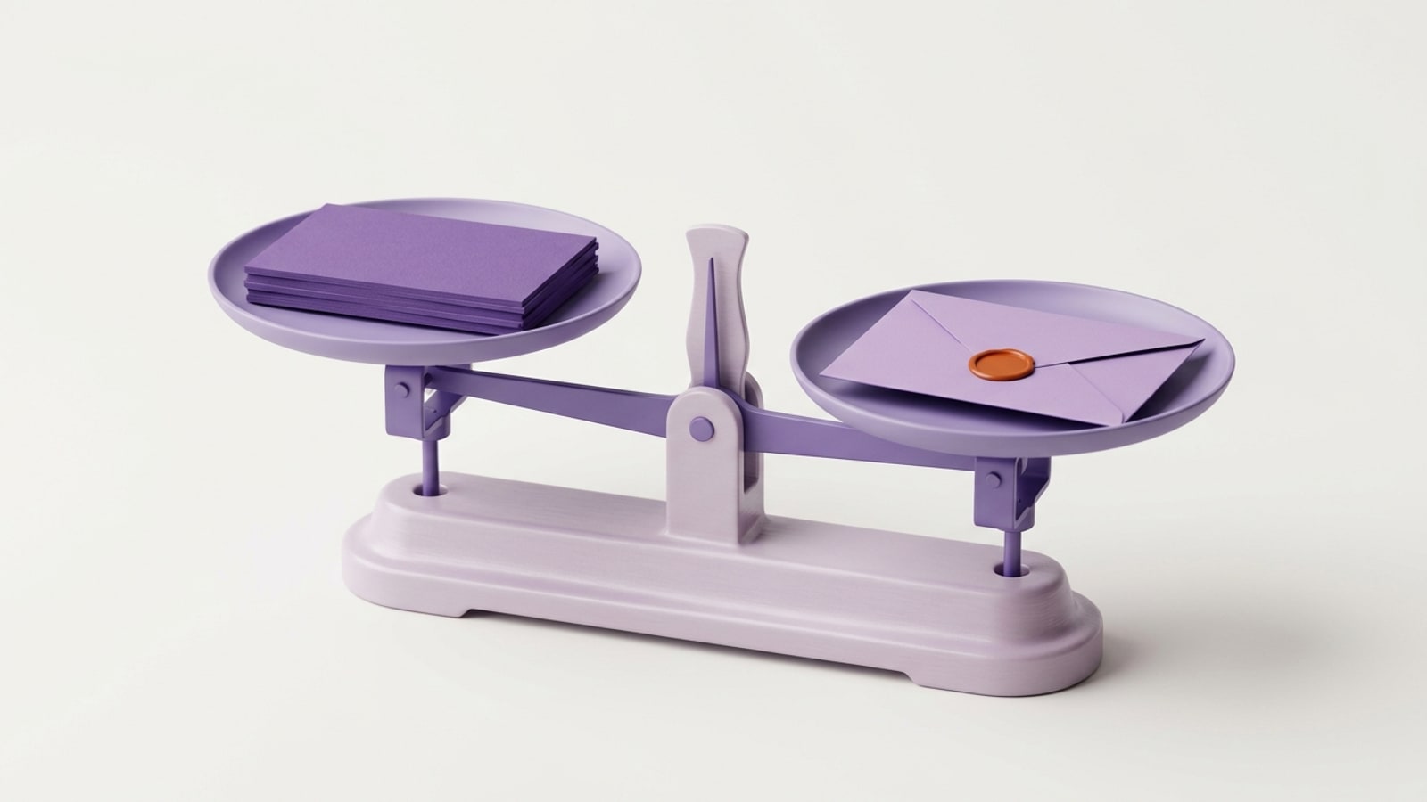 Render 3D minimalista sobre fundo off-white: uma balança de dois pratos em cerâmica lilás fosca, com braço e hastes violeta. No prato da esquerda, uma pilha baixa de cartões violeta; no prato da direita, um envelope lilás fechado com um lacre de cera laranja. Os dois pratos estão quase no mesmo nível.