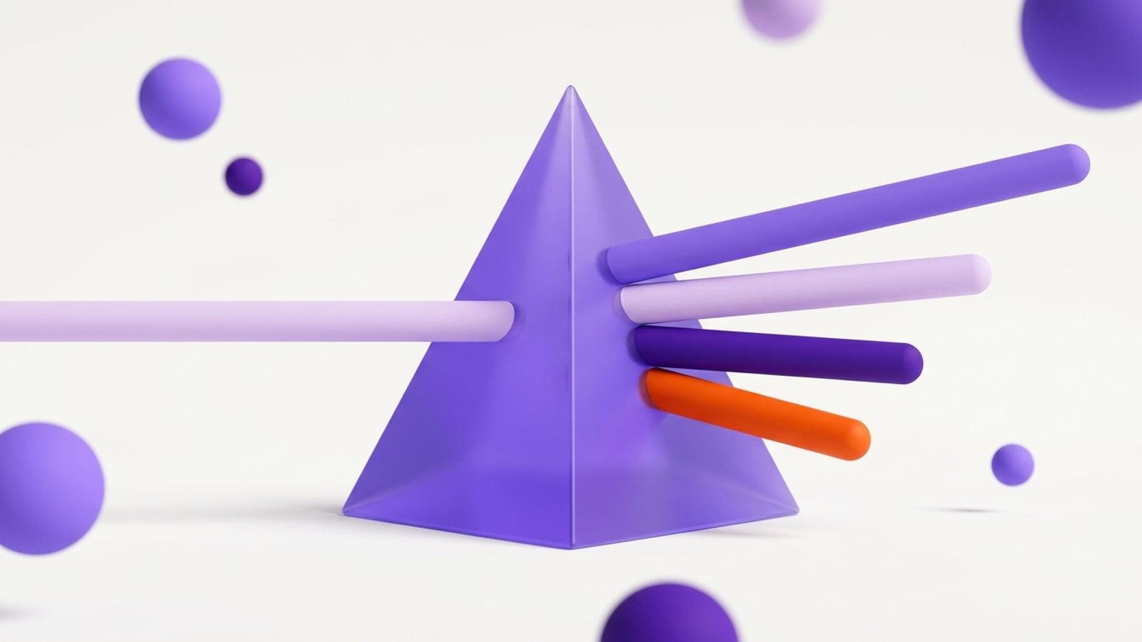 Ilustração 3D em fundo off-white: uma barra arredondada em lilás claro entra pela esquerda em uma pirâmide translúcida de violeta médio, no centro do quadro, e sai do outro lado repartida em quatro barras igualmente grossas, que se abrem em leque com comprimentos claramente diferentes — a mais longa em violeta médio, seguida por uma em lilás claro, uma em violeta profundo e a mais curta em laranja. Esferas violeta de tamanhos variados flutuam ao fundo e preenchem os cantos.